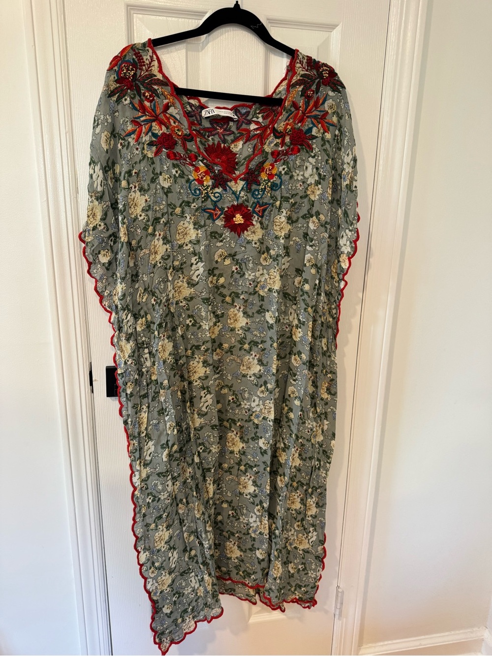 Zara Green Floral Caftan with Red Embroidered Neckline